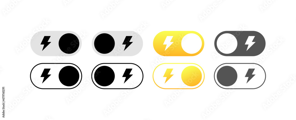 Slider with lightning icon. Different styles, electricity on/off buttons, slider with lightning. Vector icons Slider with lightning icon. Different styles, electricity on/off buttons, slider with lightning. Vector icons