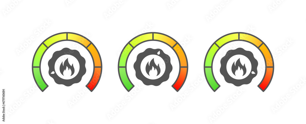 Fire indicator icons. Flat, color, speedometer with fire, fire indicator icons. Vector icons