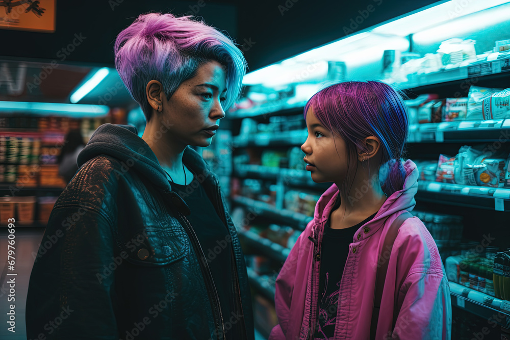 Family of mother and daughter looking cool in 80s styled synthwave store. People in supermarket.