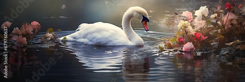 White swans swimming in lake. Fairy tale landscape with elegant bird and blooming flowers. Spring background for greeting card, banner, wallpaper with copy space