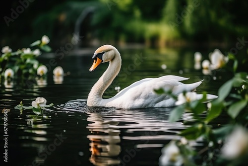 White swans swimming in lake. Fairy tale landscape with elegant bird and blooming flowers. Spring background for greeting card  banner  wallpaper with copy space