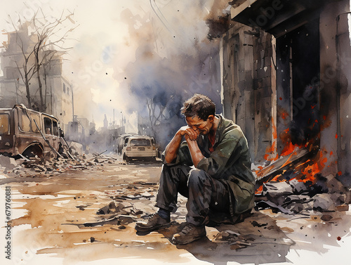 homem emocionado chorando nos destroços da guerra 