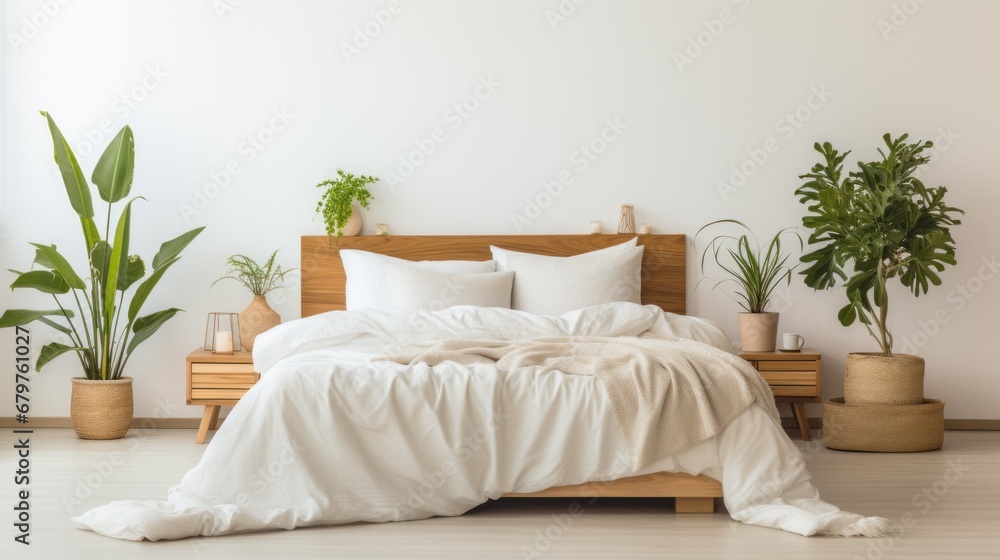 Wellness-focused interior design. minimalist bedroom with crisp white linens, abundant natural light, and a variety of potted plants to emphasize a restful and clean atmosphere Wellness-focused interior design. minimalist bedroom with crisp white linens, abundant natural light, and a variety of potted plants to emphasize a restful and clean atmosphere
