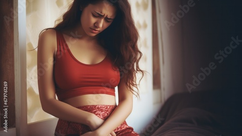 stomach ache. women have abdominal pain, indigestion, gastritis, menstrual cramps, flatulence, diarrhea, distention, colon cancer, belly inflammation problem, suffer food poisoning, abdomen photo