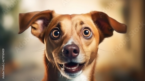 Young crazy surprised dog make big eyes closeup. surprised dog funny face big eyes. Young dog looking surprised and scared. Emotional surprised wide big eye dog at home  high quality photo