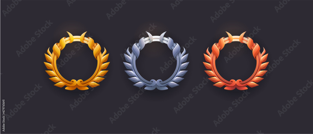 Set of game frames on black background. Gold, silver, bronze metal luxury ui frames template. Vector game ui cartoon empty circle user interface elements with metal border isolated button object