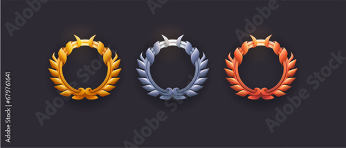 Set of game frames on black background. Gold, silver, bronze metal luxury ui frames template. Vector game ui cartoon empty circle user interface elements with metal border isolated button object