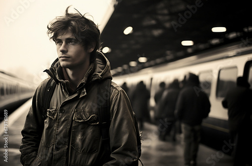 Young man waiting for the train at the station. Black and white photo.