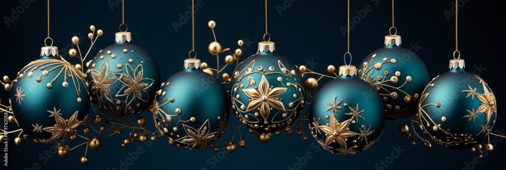 Christmas tree balls and snowflakes on green blue background, winter holidays design, banner Christmas tree balls and snowflakes on green blue background, winter holidays design, banner