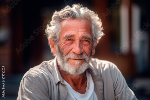 80 old man portrait realistic photo calm smile casual clothes, street background