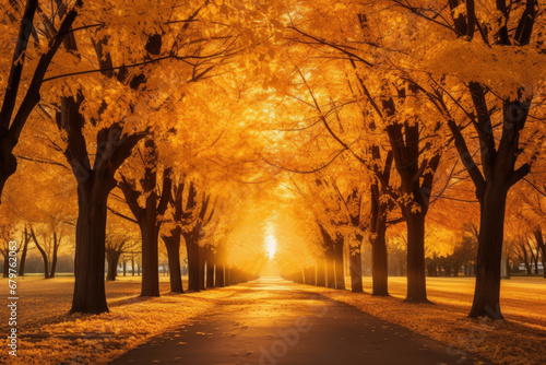 Beautiful love nature scene of romantic tunnel decorated with beautiful trees during the autumn season, park with orange leaves that falling on floor.