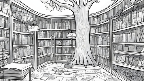 sketch of books in black and white, a child's coloring book page,     A tree in the mansion library