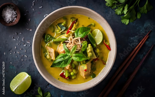 Capture the essence of Thai Green Curry in a mouthwatering food photography shot Generative AI