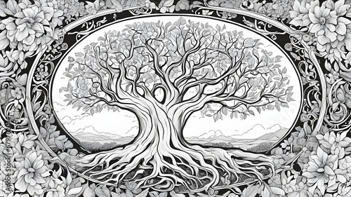 sketch of a tree with roots in black and white, coloring book page,     tree of life