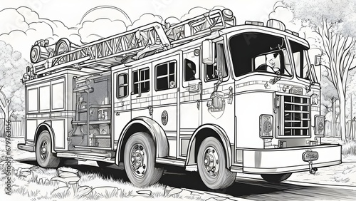 black and white, a coloring book page,    A fire truck with a ladder and a siren, 