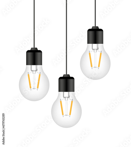 Led light bulb. Three turned off LED lamps on a white background. Vector realistic clipart.