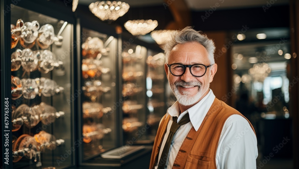 A Stylish Man in Front of a Diverse Array of Eyeglasses - obrazy, fototapety, plakaty 