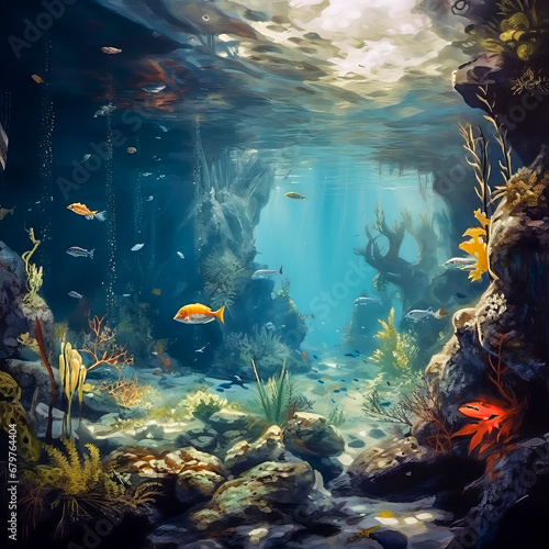 Beautiful Underwater Watercolor Painting. Generated Image. A digital illustration of a beautiful oceanic underwater scene as a watercolor painting.