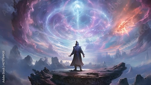 A powerful sorcerer commands the arcane forces of the universe creating a swirling vortex as they wave their wand and teleport themself and their allies to safety. photo