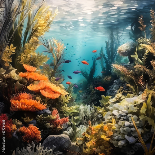 Beautiful Underwater Watercolor Painting.  Generated Image.  A digital illustration of a beautiful oceanic underwater scene as a watercolor painting.