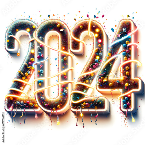 2024: Celebratory Splendor with Festive Confetti and Neon Glow