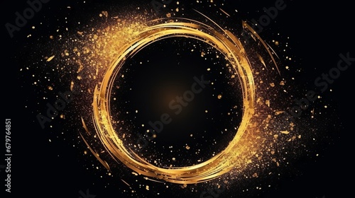 Glitter golden circle frame with brush stroke on black background photo