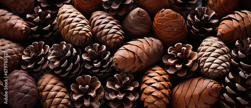Pine cones background. Close up of pine cones with copy space.