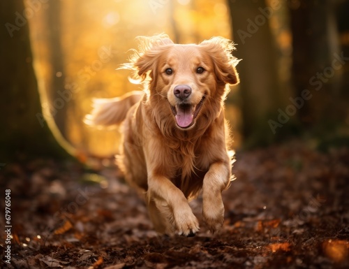 A Brown Dog Running Through a Forest Filled With Leaves © Marius