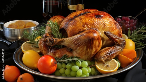 a turkey on a platter with fruits and sauces photo