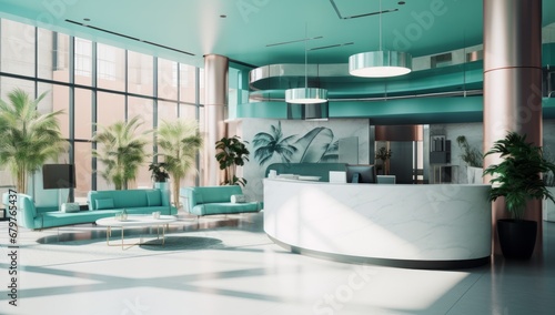 A Spacious Lobby with a Curved Counter and Relaxing Blue Couches © Marius