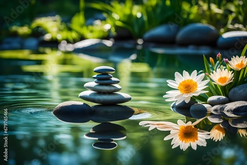 A serene depiction of balance in nature  a tranquil pond reflecting a perfectly balanced arrangement of stones and flowers  soft sunlight creating a calm atmosphere