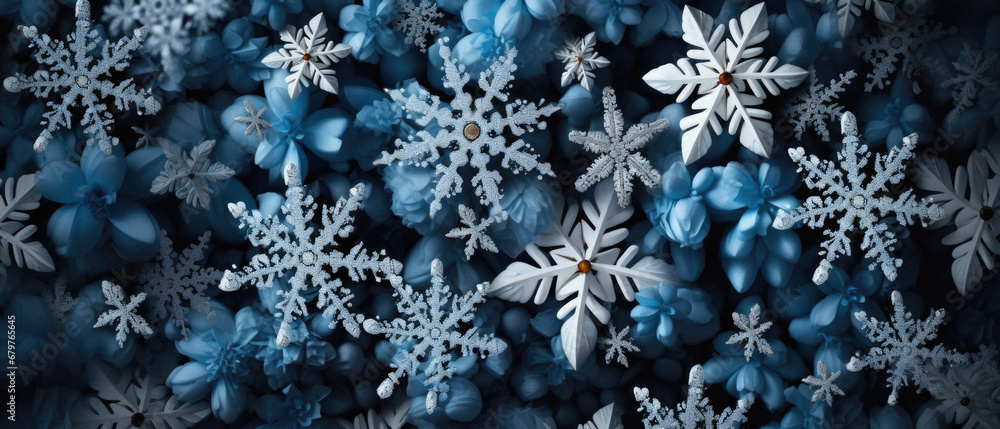 Blue and white snowflakes background. Christmas or New Year concept.