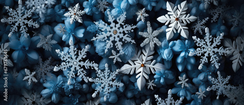 Blue and white snowflakes background. Christmas or New Year concept. © Synthetica