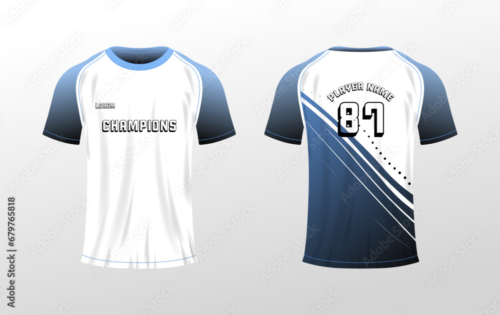 Naklejka premium Sports T-shirt mockup. Flat, color, t-shirt template back and front view, player name mockup, number 87, sports t-shirt mockup. Vector icons