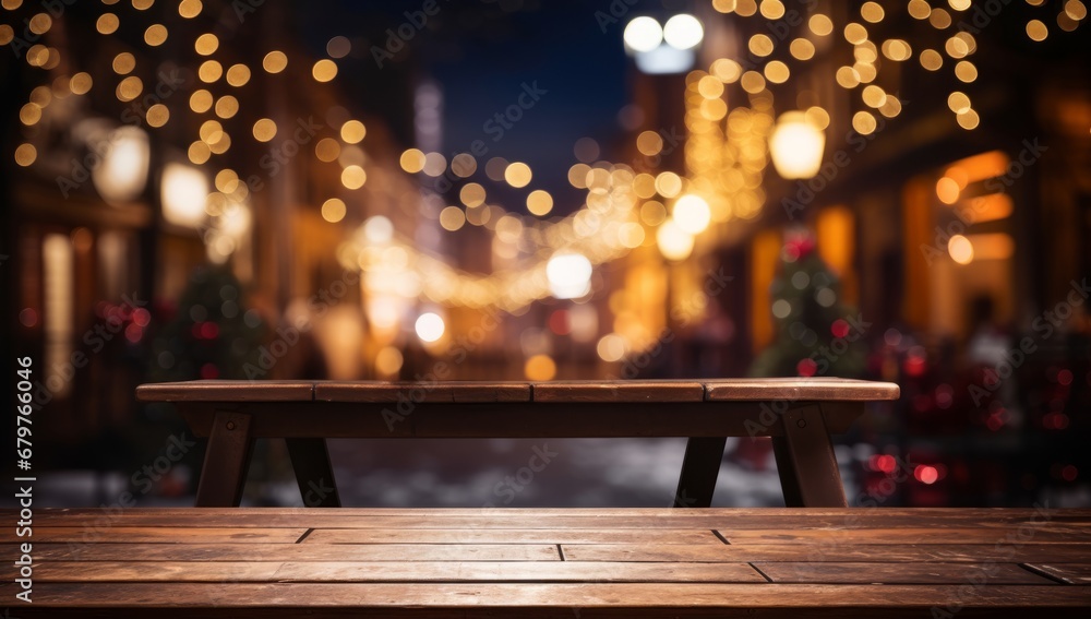 A Rustic Wooden Table Illuminated by Soft Ambient Lights A Rustic Wooden Table Illuminated by Soft Ambient Lights
