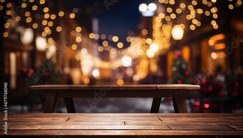 A Rustic Wooden Table Illuminated by Soft Ambient Lights © Marius