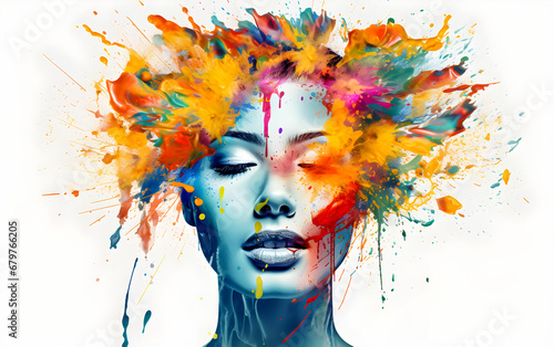 Mental health and creative abstract concept, Colorful illustration of happy women head in paint splatter style on white background