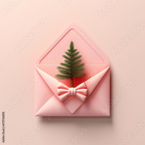 Christmas tree in pink envelope isolated on rose background. Winter holidays congratulation concept. Minimal New Year or Xmas design for banner, greeting card. Peach fuzz - color of the year 2024 