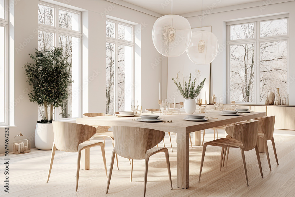 Interior of the dining room with bright, warm, elegant, and modern style. Modern and Stylish minimal decor design, Home furniture for decoration.