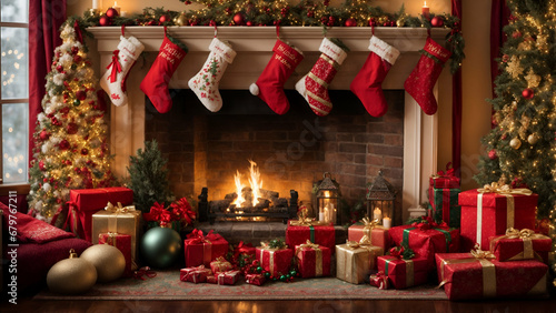 christmas decoration in front of fireplace
