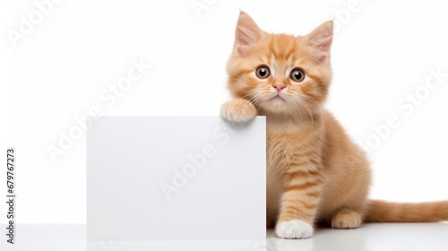 On a white background, a cat or kitten with a blank vertical card sign as a charming feline with a smiling joyful expression supports and communicates a message about pet health care and welfare..