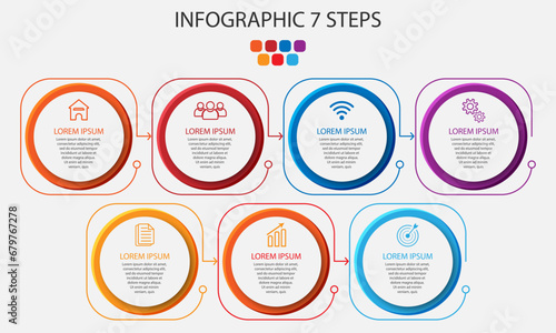 Desain Infografis Bisnis sederhana, vektor
templat dengan garis warna warni, ikon, angka dan
7 pilihan atau langkah. Dapat digunakan untuk proses diagram,
presentasi, tata letak alur kerja, spanduk, d