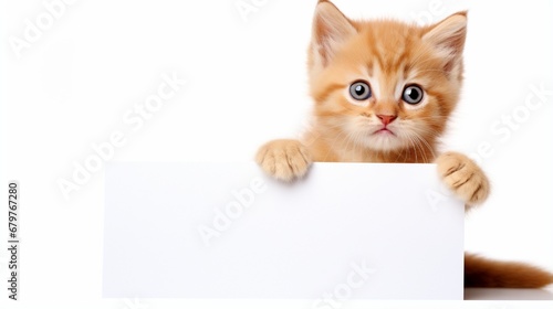 On a white background, a cat or kitten with a blank vertical card sign as a charming feline with a smiling joyful expression supports and communicates a message about pet health care and welfare..