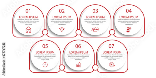 Desain Infografis Bisnis sederhana, vektor
templat dengan garis warna warni, ikon, angka dan
7 pilihan atau langkah. Dapat digunakan untuk proses diagram,
presentasi, tata letak alur kerja, spanduk, d