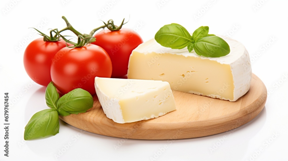 Isolated cheese on a white backdrop with tomatoes and basil. Isolated cheese on a white backdrop with tomatoes and basil.