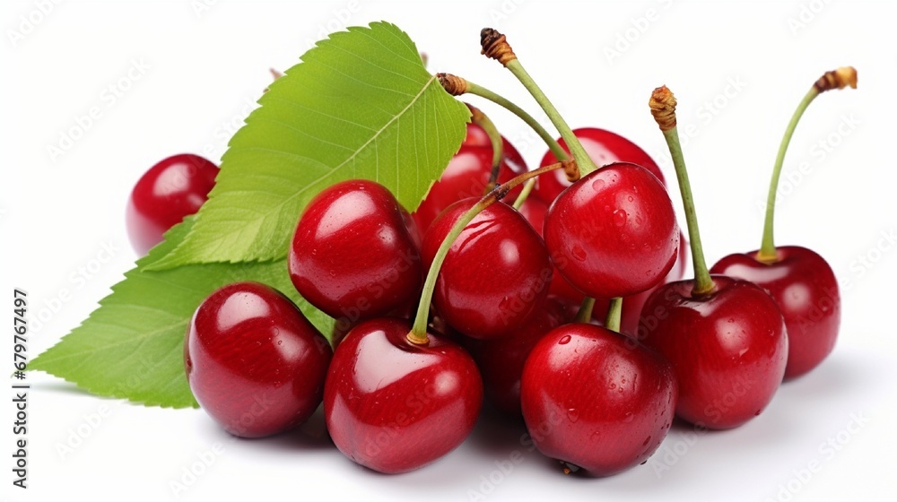 Fresh cherry with stems and leaves, isolated on white background with clipping path, berry collection. Fresh cherry with stems and leaves, isolated on white background with clipping path, berry collection.