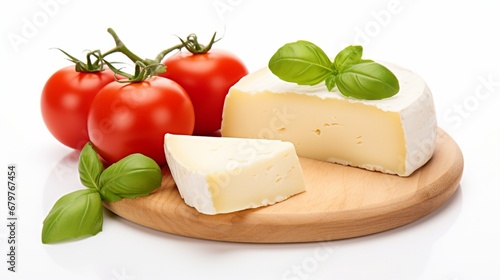 Isolated cheese on a white backdrop with tomatoes and basil.