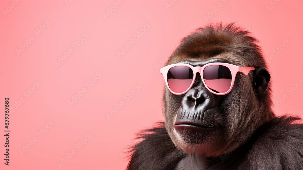 Portrait of a gorilla wearing pink sunglasses on a pink background.