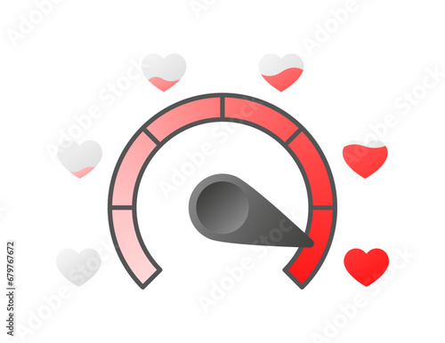 Speedometer of love. Flat, red, love indicator with hearts. Vector icon