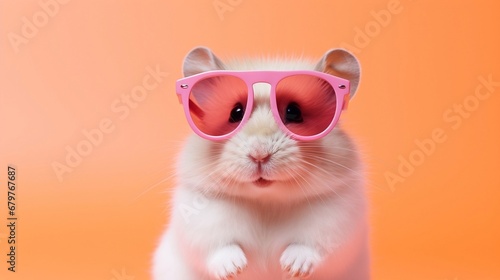 Cute white hamster with pink sunglasses on orange background